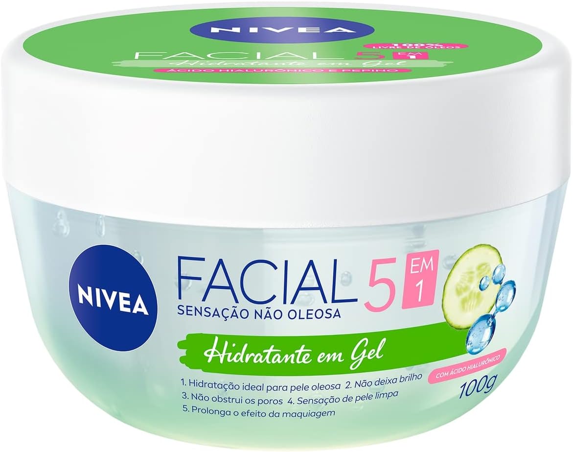 NIVEA Hidratante Facial em Gel 100g - Sua fórmula especial deixa a pele sequinha e bem cuidada por 24h, não obstrui os poros e controla a oleosidade, com ácido hialurônico e pepino