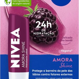 NIVEA Hidratante Labial Amora Shine 4,8 g - Cuidado intensivo para seus lábios, hidratação prolongada, delicioso aroma de amora, pigmentos brilhantes e cor delicada