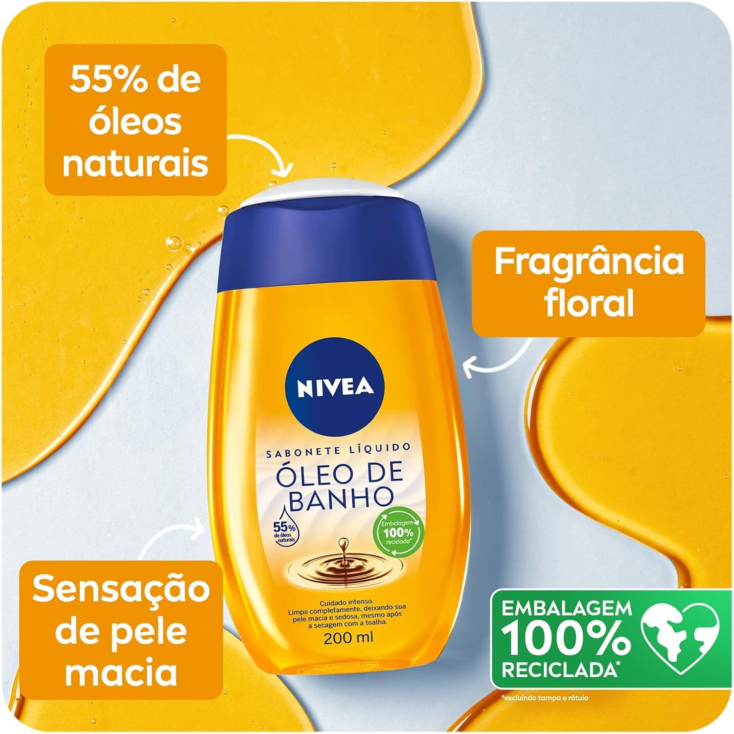 NIVEA Sabonete Líquido Óleo de Banho 200ml - Com 55% de óleos naturais, produz espuma cremosa e proporciona hidratação intensa, maciez e cuidado único com a pele - Imagem 2