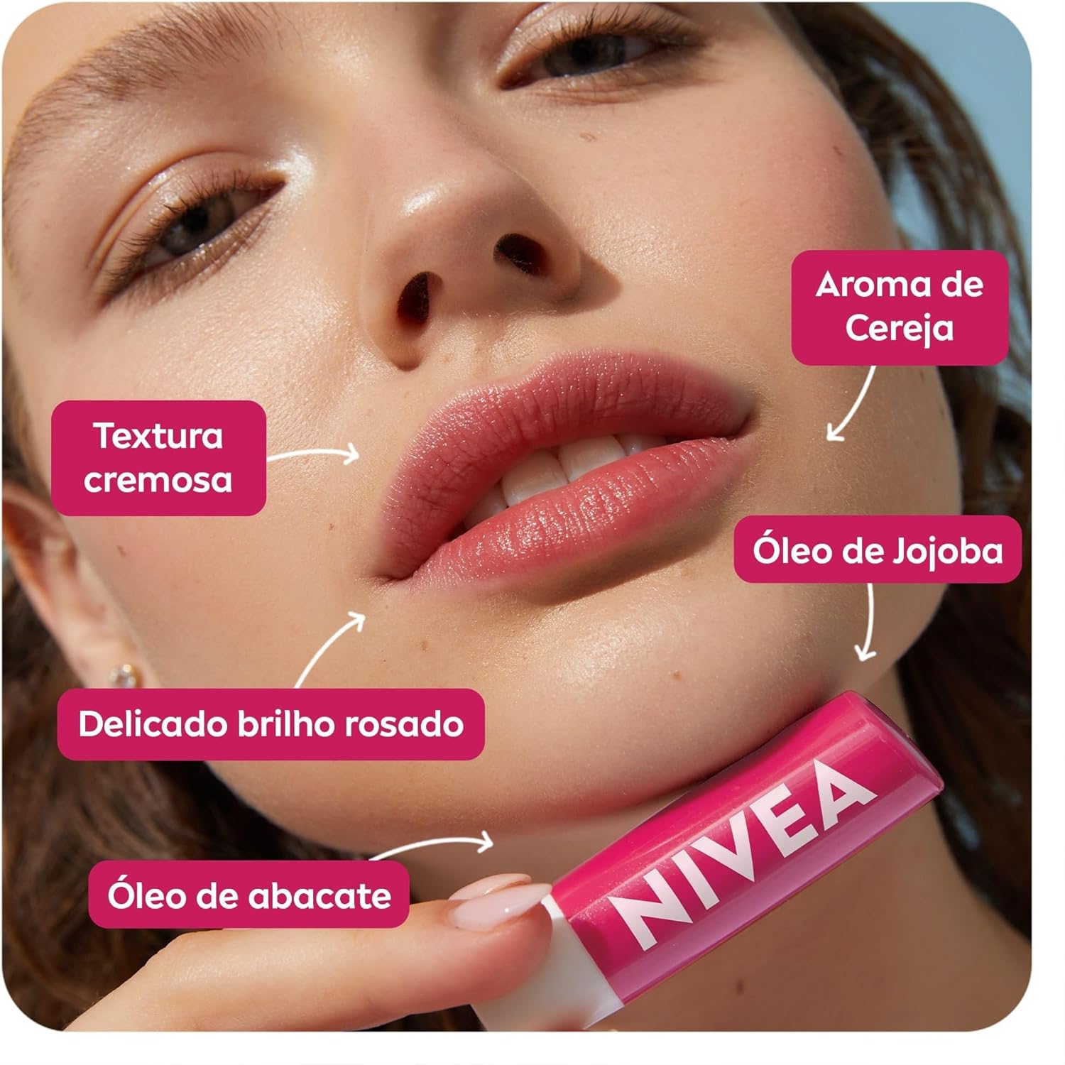 NIVEA Hidratante Labial Cereja Shine 4,8g - Cuidado e proteção para seus lábios por 24h, além de delicioso aroma de cereja e delicado brilho rosa - Imagem 3
