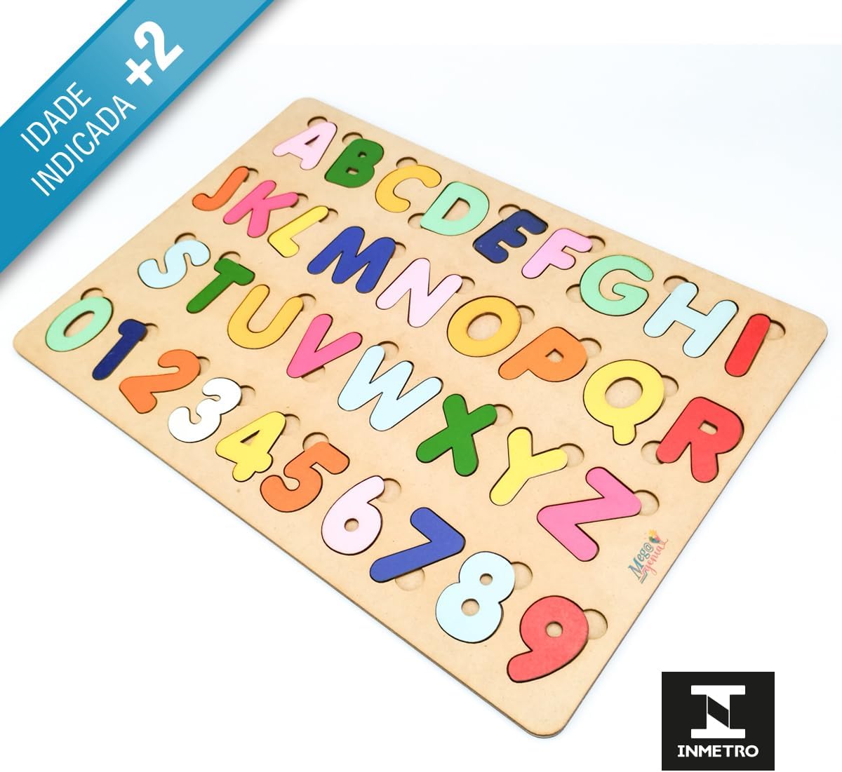Brinquedo Educativo Pedagógico em Madeira Alfabeto Letras e Números Coloridos Tabuleiro de 41cmx29cm - Mega Impress - Imagem 3