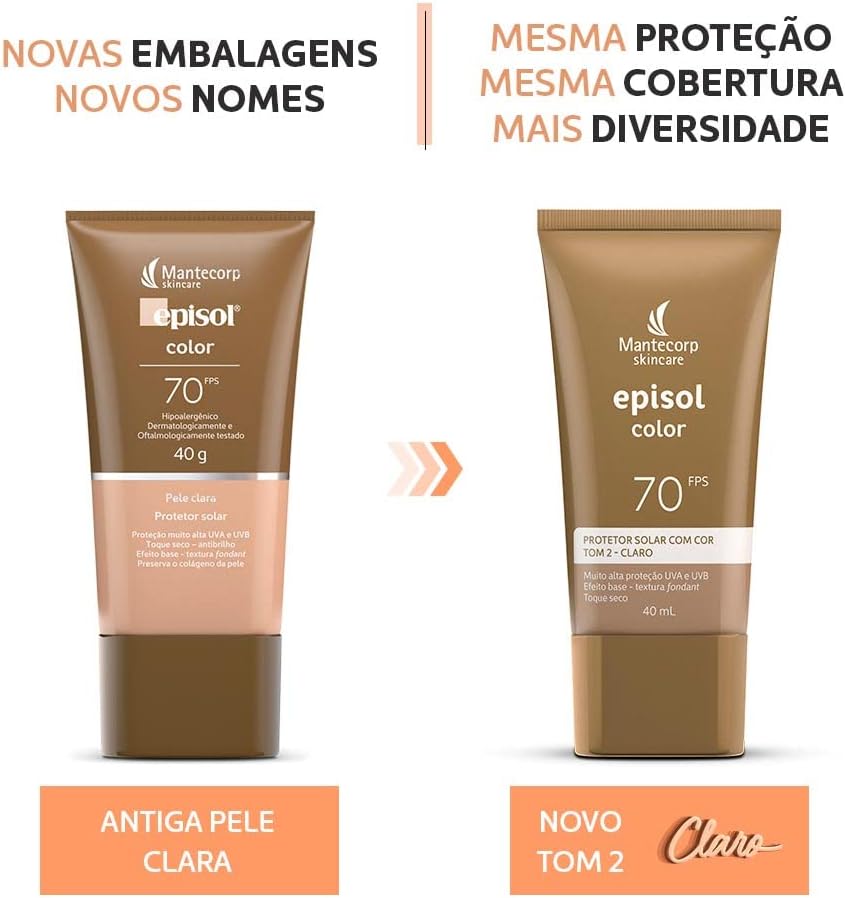 MANTECORP - Protetor Solar Facial Episol Color FPS 70 - Efeito Base, Alta Proteção UVA e UVB, Toque Seco, Rápida Absorção - Tom 2 Claro - 40ml - Imagem 5