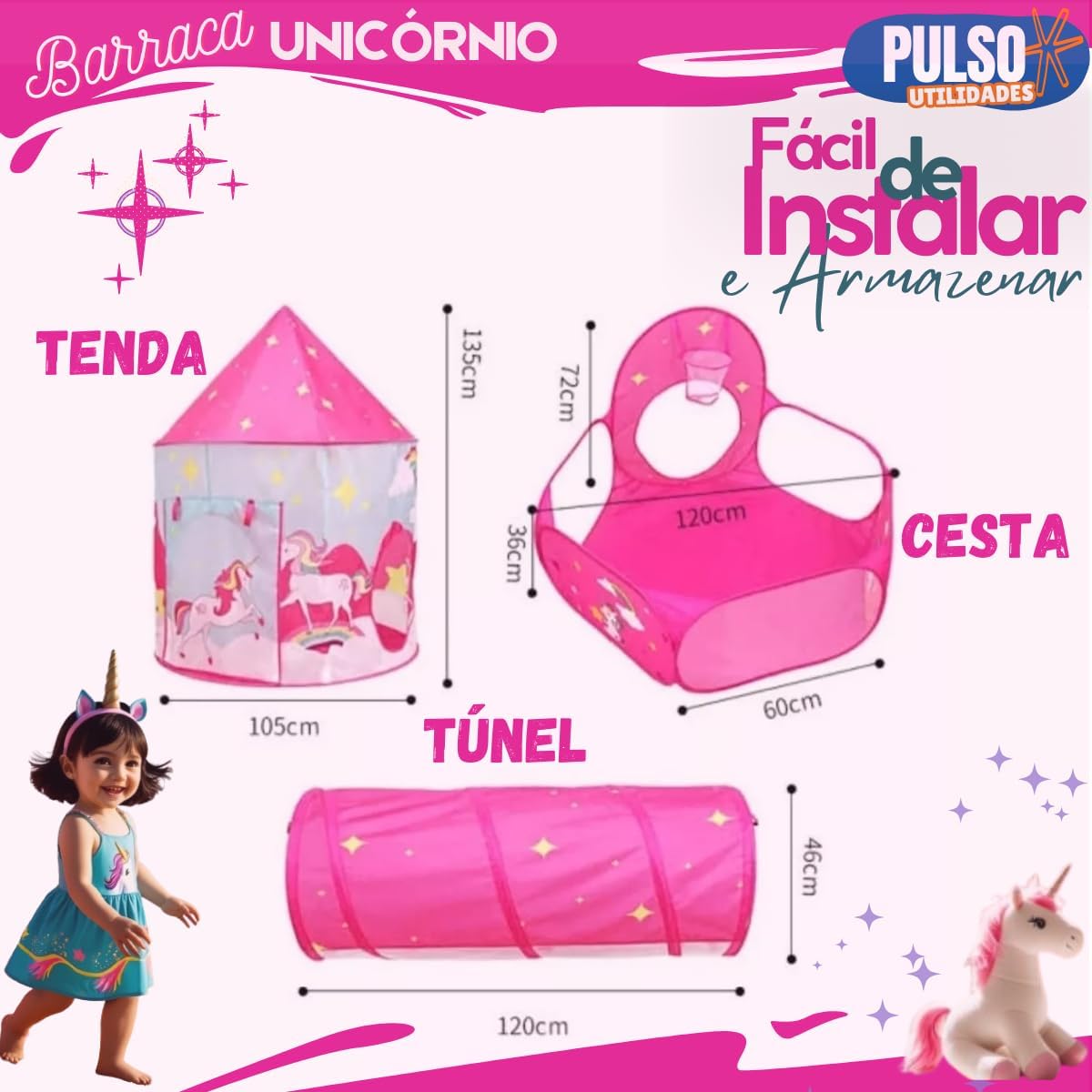 Barraca Infantil 3 em 1 Unicórnio, Toca e Túnel, Rosa, Brinquedo Menino e Menina - Imagem 3