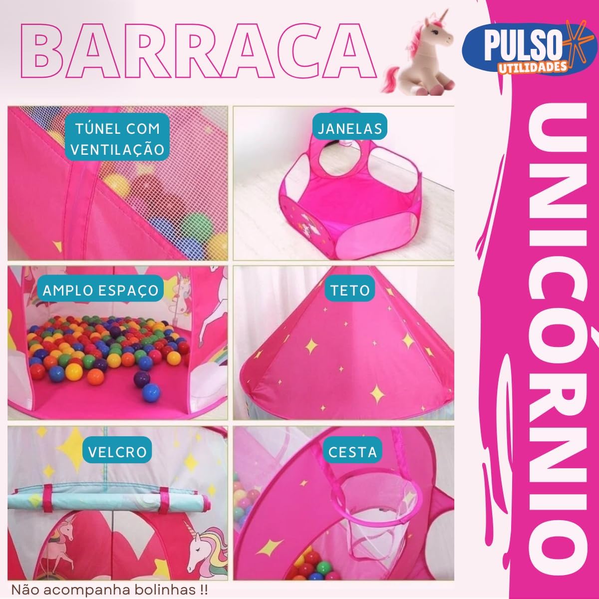 Barraca Infantil 3 em 1 Unicórnio, Toca e Túnel, Rosa, Brinquedo Menino e Menina - Imagem 4