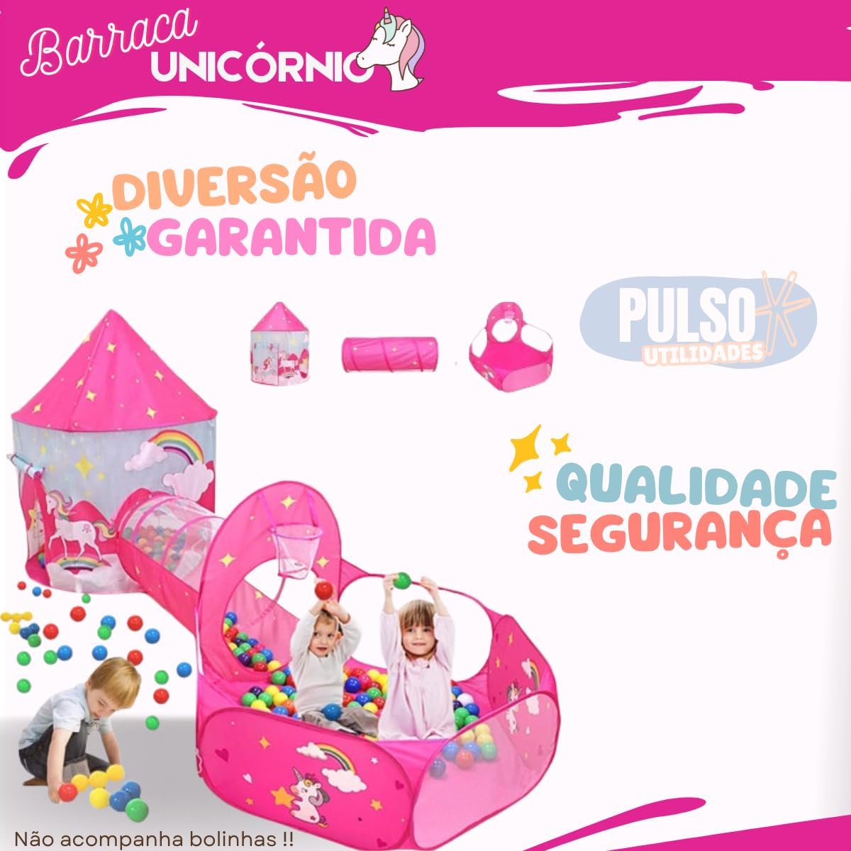 Barraca Infantil 3 em 1 Unicórnio, Toca e Túnel, Rosa, Brinquedo Menino e Menina - Imagem 5