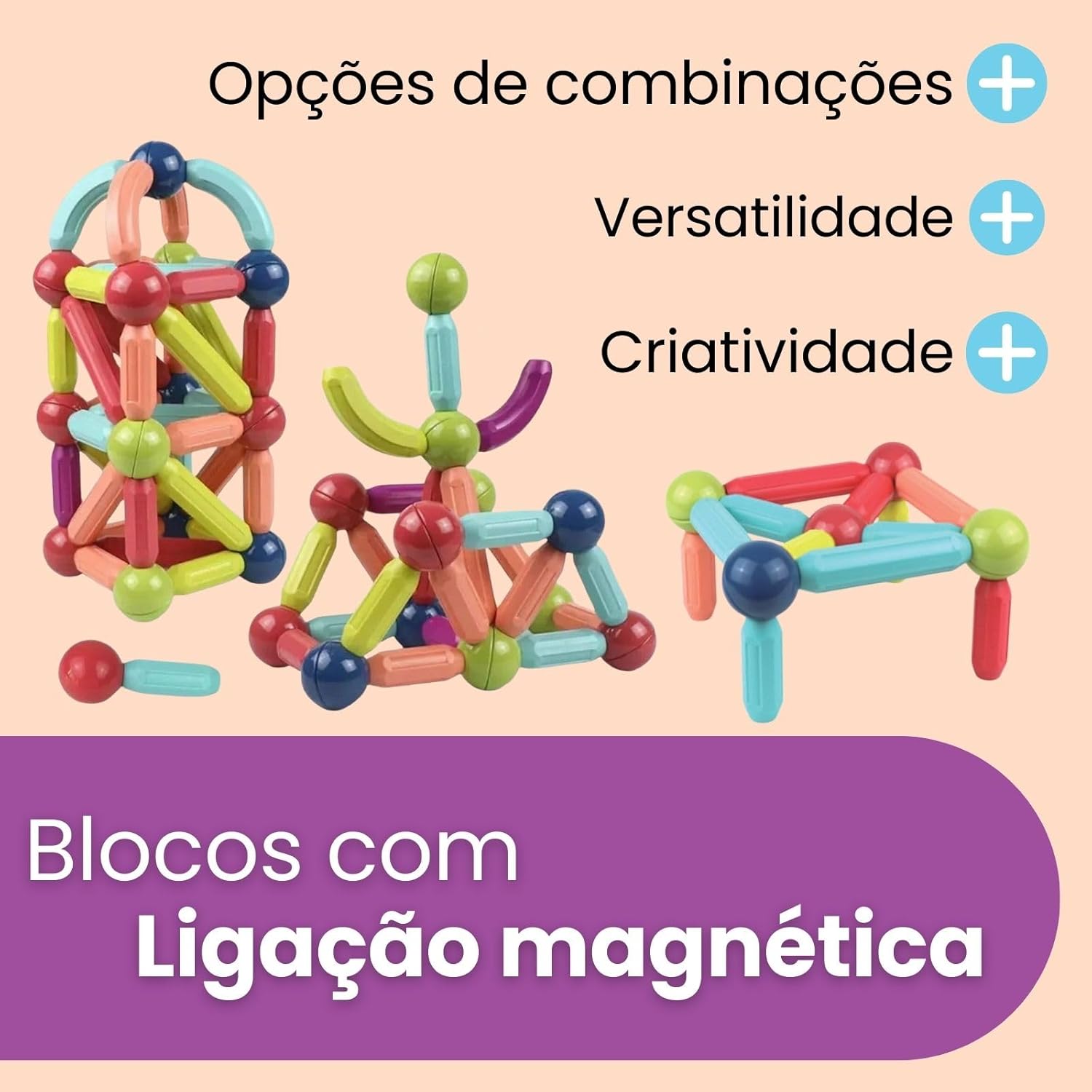 Blocos Magnéticos de Montar Infantil Brinquedo Educativo Bolas e Bastões 64 Peças - Imagem 3