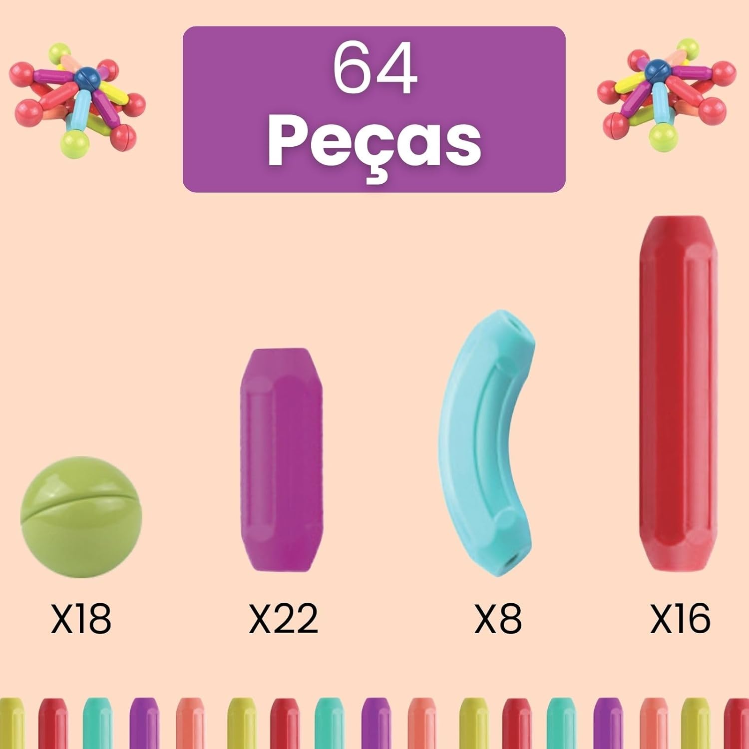 Blocos Magnéticos de Montar Infantil Brinquedo Educativo Bolas e Bastões 64 Peças - Imagem 5
