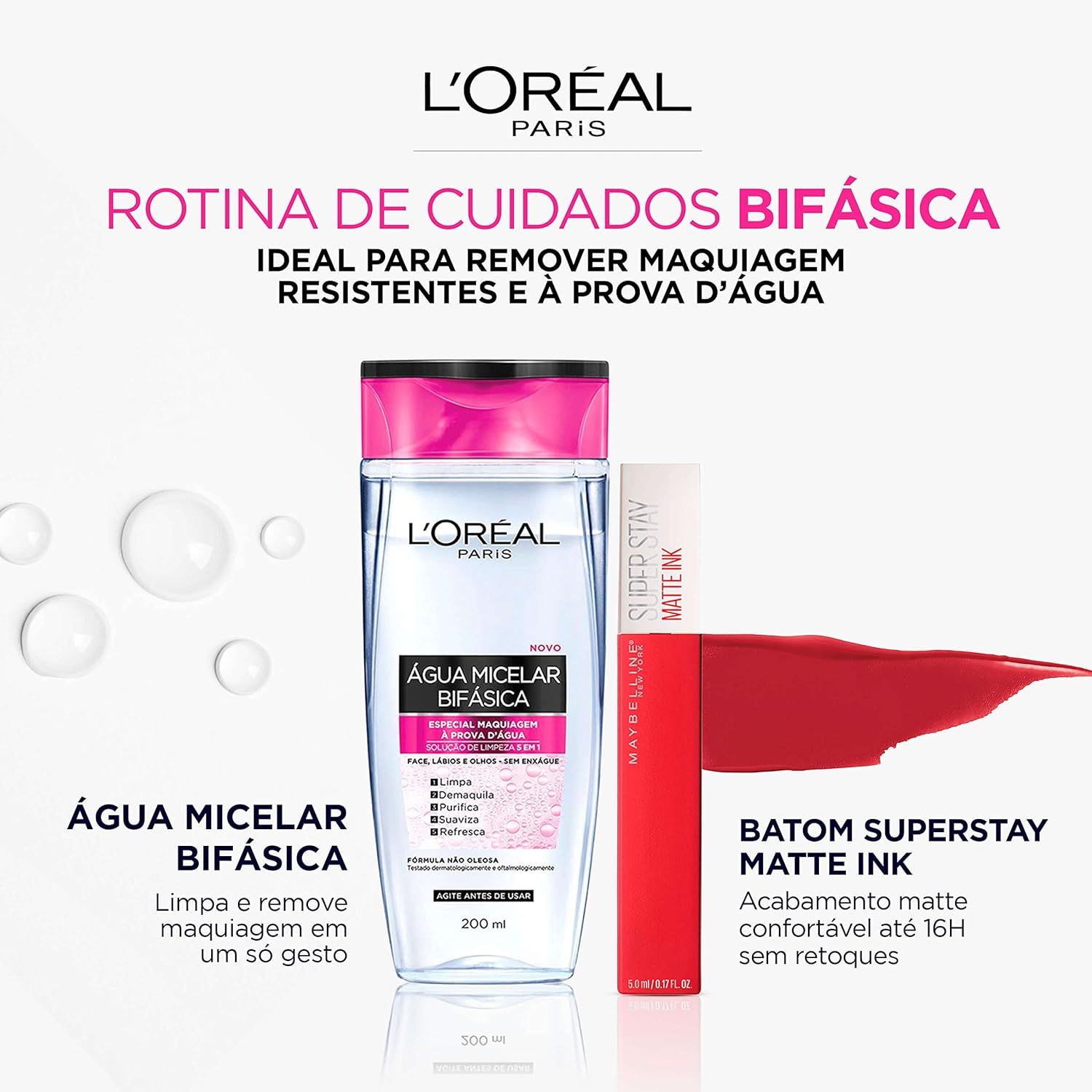 Água Micelar Bifásica L'Oréal Paris Solução de Limpeza 5 em 1, 200ml - Imagem 6