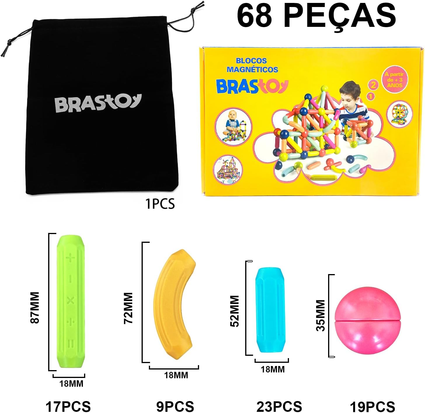 Blocos de Montar Magnéticos Construção Bolas E Bastões Brinquedo Educativo Infantil (68 Peças) - Imagem 7