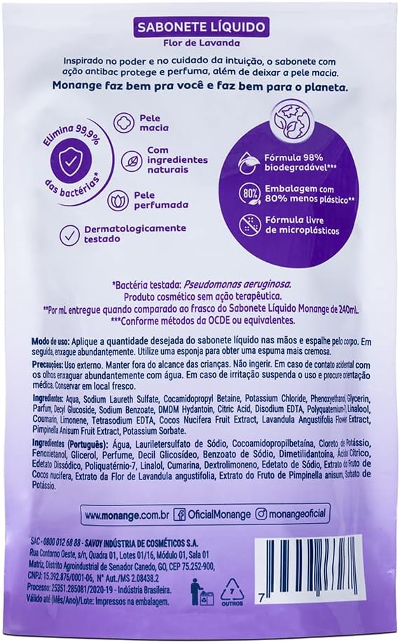 Monange Refil Sabonete Líquido Flor de Lavanda 400ml - Imagem 2