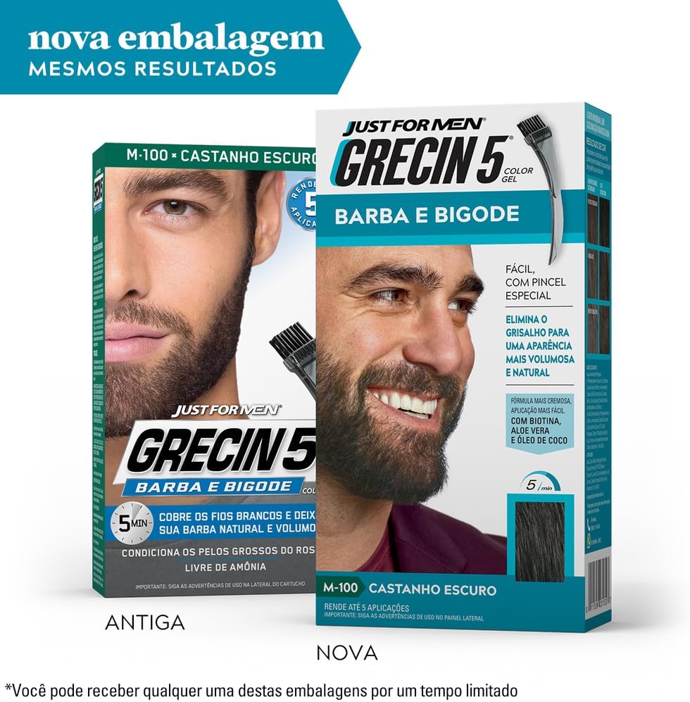 Just For Men Grecin 5 Color Gel, Barba e Bigode, Tonalizante que Elimina o Grisalho, Aparência Natural, Cor M100, Castanho Escuro, 28g - Imagem 5