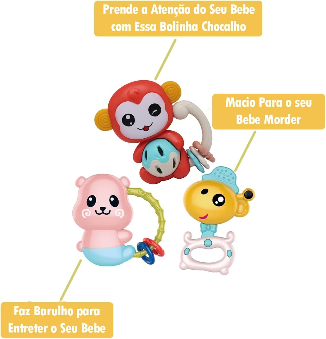 Brinquedo Bebê Kit 3 Chocalhos Infantil Mordedor Colorido Legal - Imagem 6