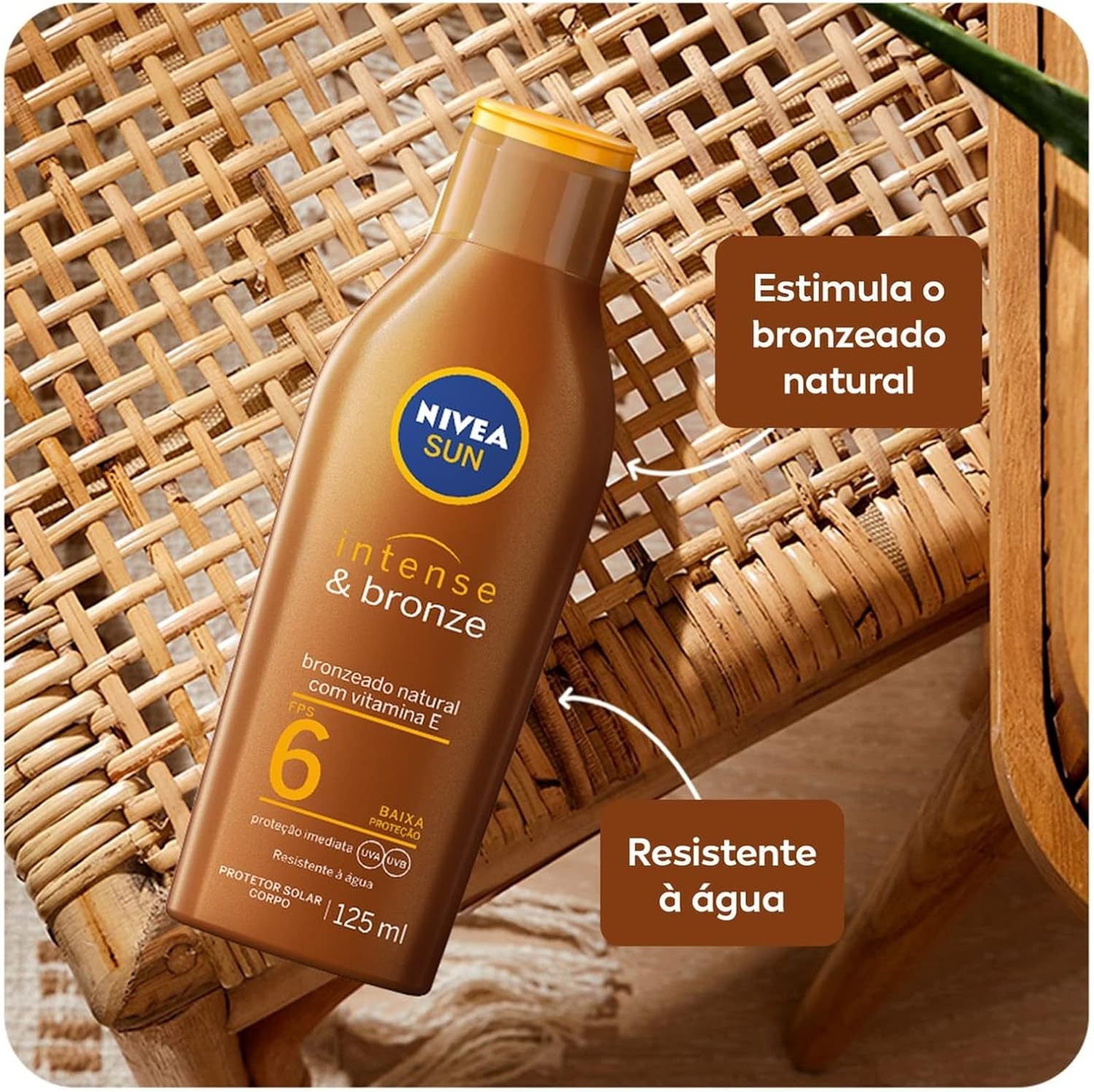 NIVEA SUN Loção Bronzeadora Intense & Bronze FPS 6 125ml - Bronzeamento natural e duradouro, resistente à água, com Vitamina E, Proteção UVA/UVB, para peles pouco sensíveis - Imagem 3