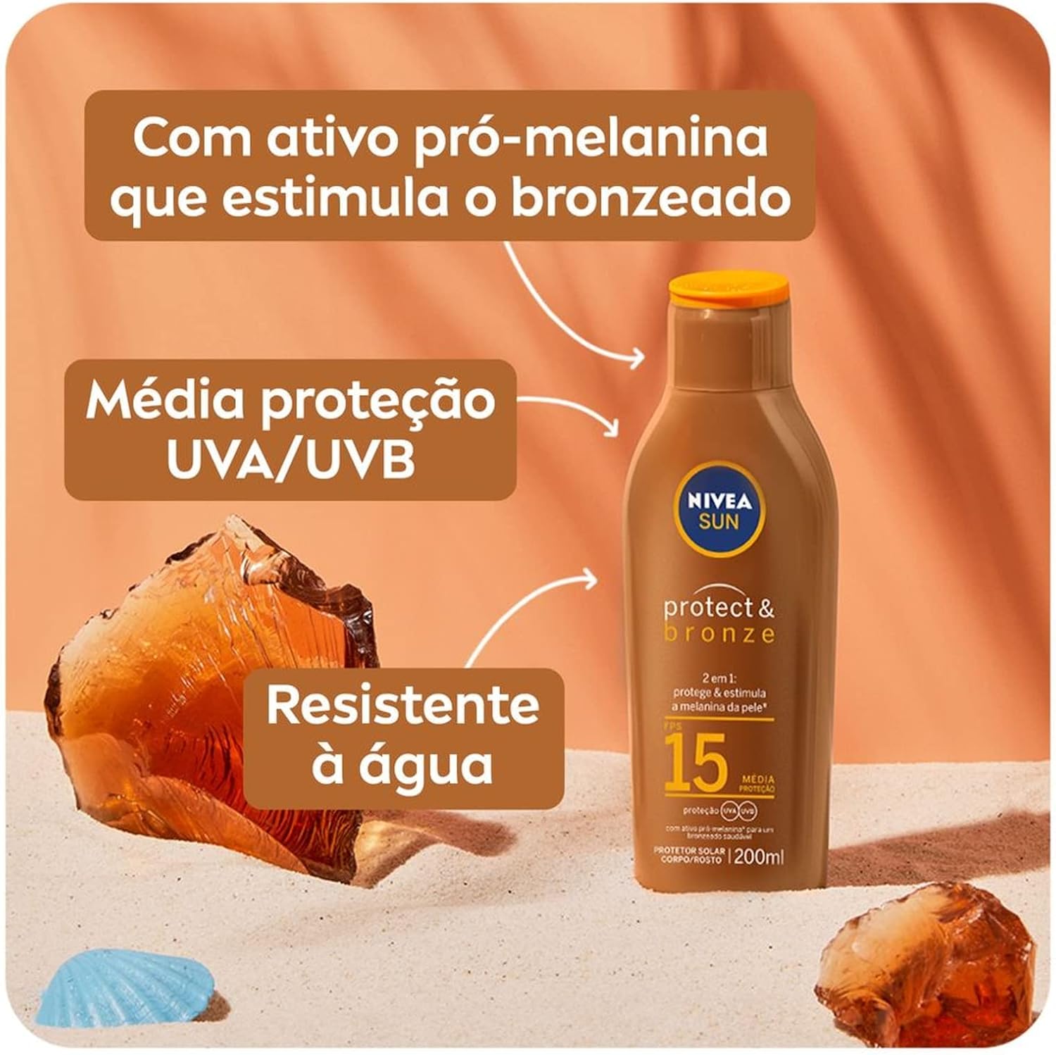 NIVEA SUN Protetor Solar Protect & Bronze FPS15 200ml - Com ativo de pró melanina, resistente à água, protege dos raios UVA/UVB, ajuda a manter a cor bonita e uniforme por mais tempo - Imagem 3