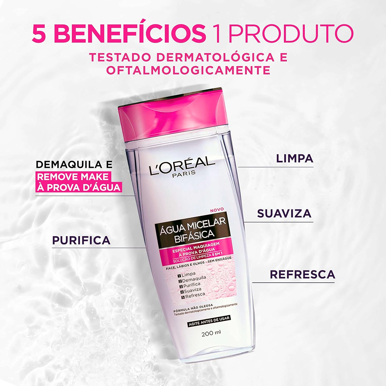 Água Micelar Bifásica L'Oréal Paris Solução de Limpeza 5 em 1, 200ml - Imagem 2