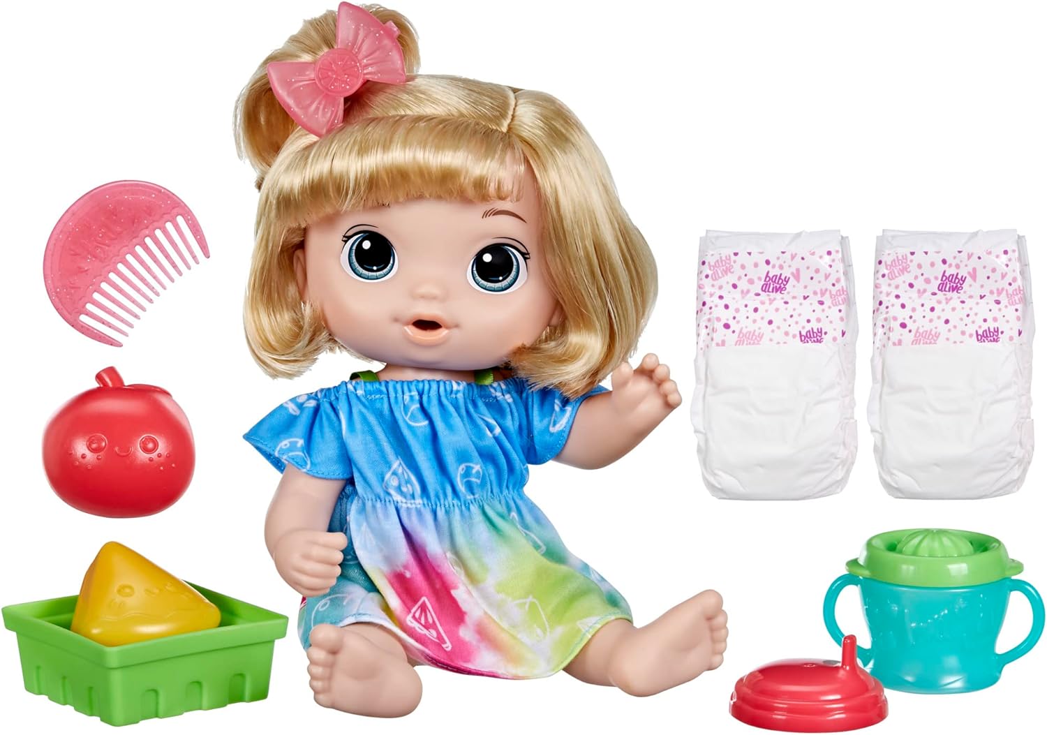 Baby Alive Hora do suco, maçã. Boneca de 30 cm, bebe e faz xixi, máquina de sucos, crianças a partir dos 3 anos, cabelos loiros