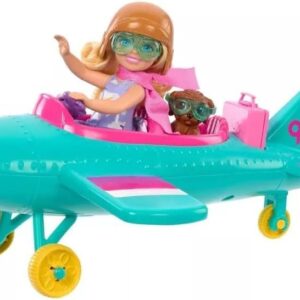 Barbie, Conjunto de Brinquedo, Chelsea Piloto de Avião com Aeronave de 2 Lugares e 7 Acessórios, Incluindo Cachorrinho e Adesivos