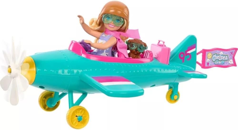 Barbie, Conjunto de Brinquedo, Chelsea Piloto de Avião com Aeronave de 2 Lugares e 7 Acessórios, Incluindo Cachorrinho e Adesivos
