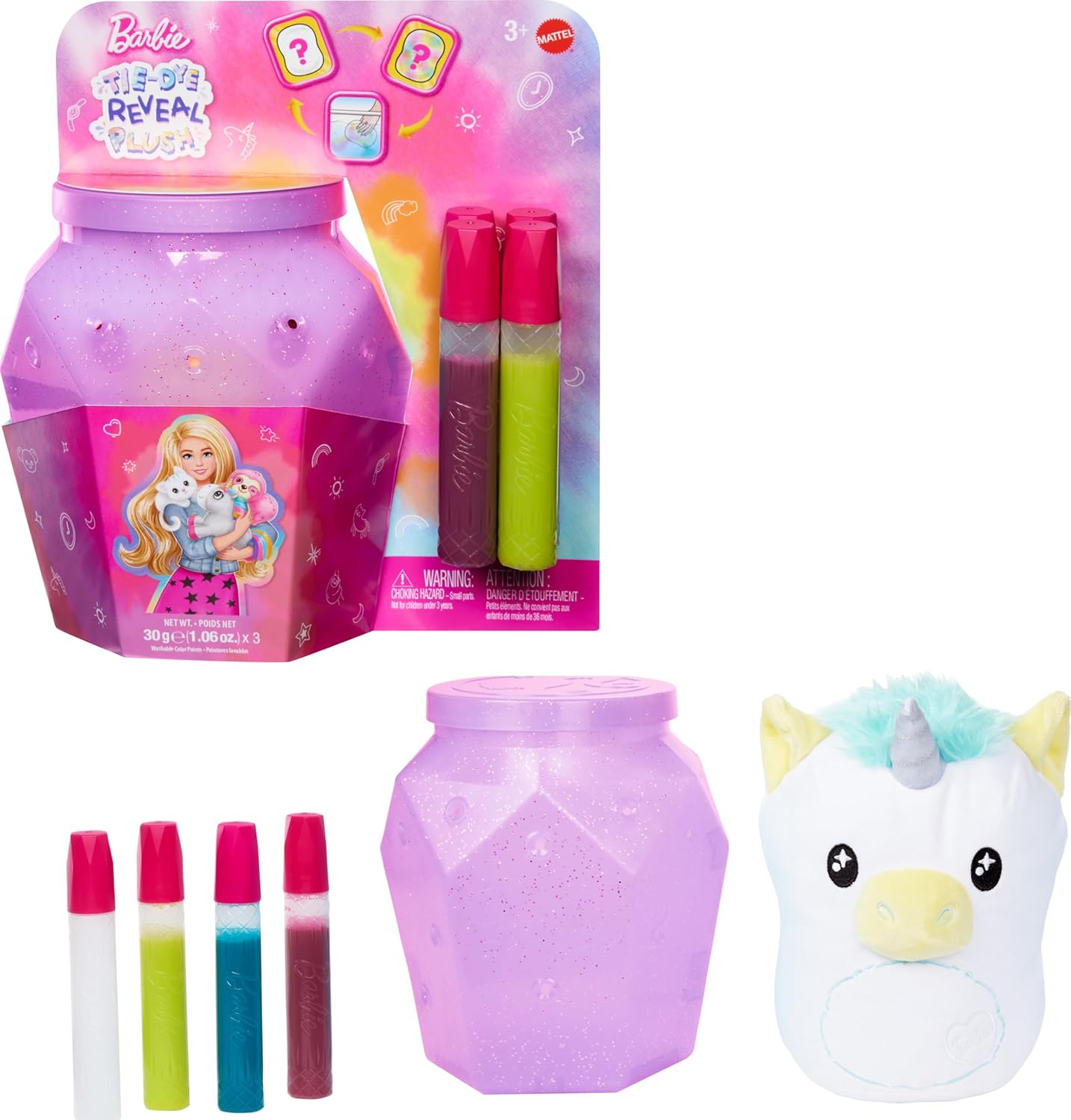 Barbie, Pelúcia Tie Dye Surpresa de 17 cm de Altura com Kit para Tingimento DIY, Tecido Lavável, Para crianças a partir de 3 anos (Estilos Podem Variar)