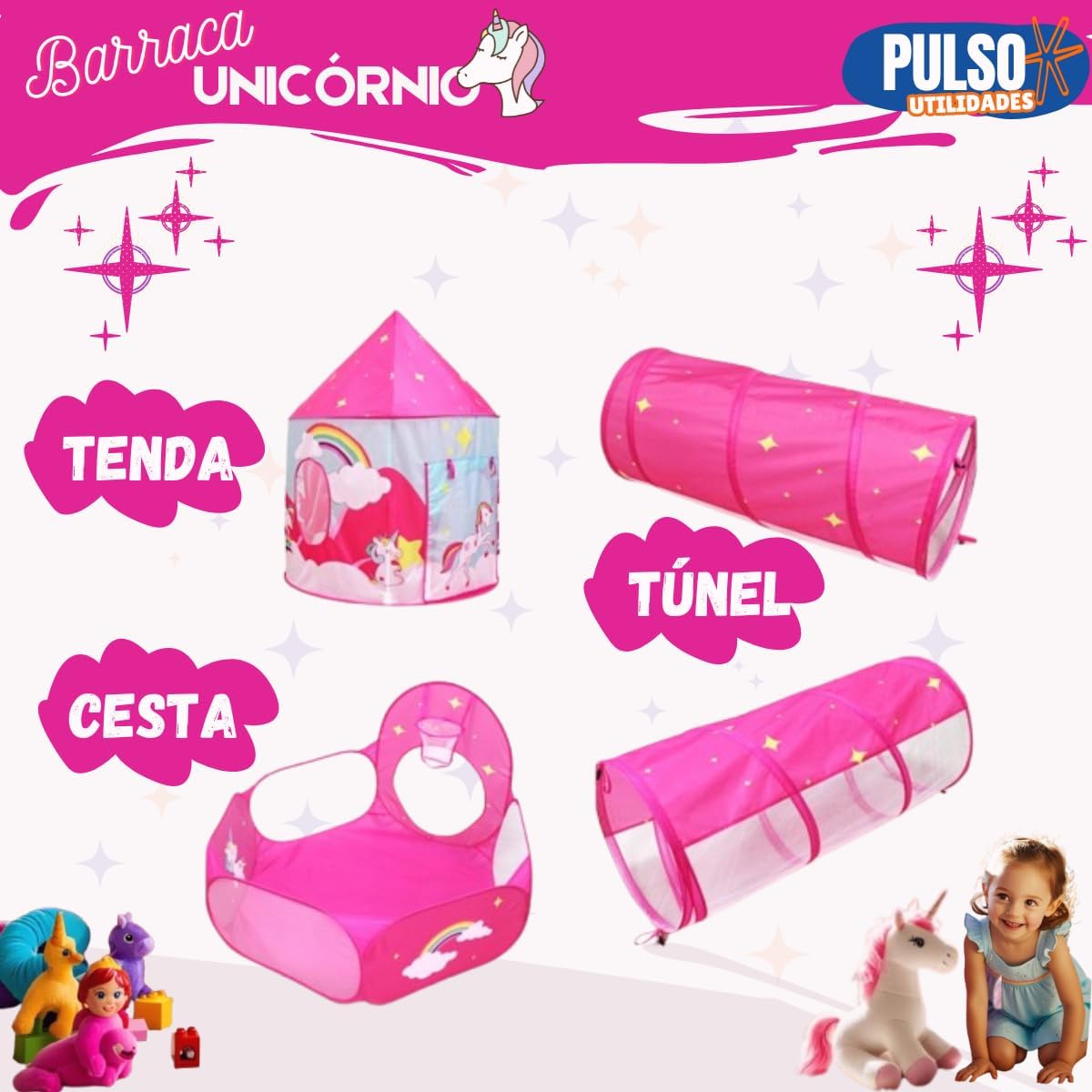 Barraca Infantil 3 em 1 Unicórnio, Toca e Túnel, Rosa, Brinquedo Menino e Menina - Imagem 2