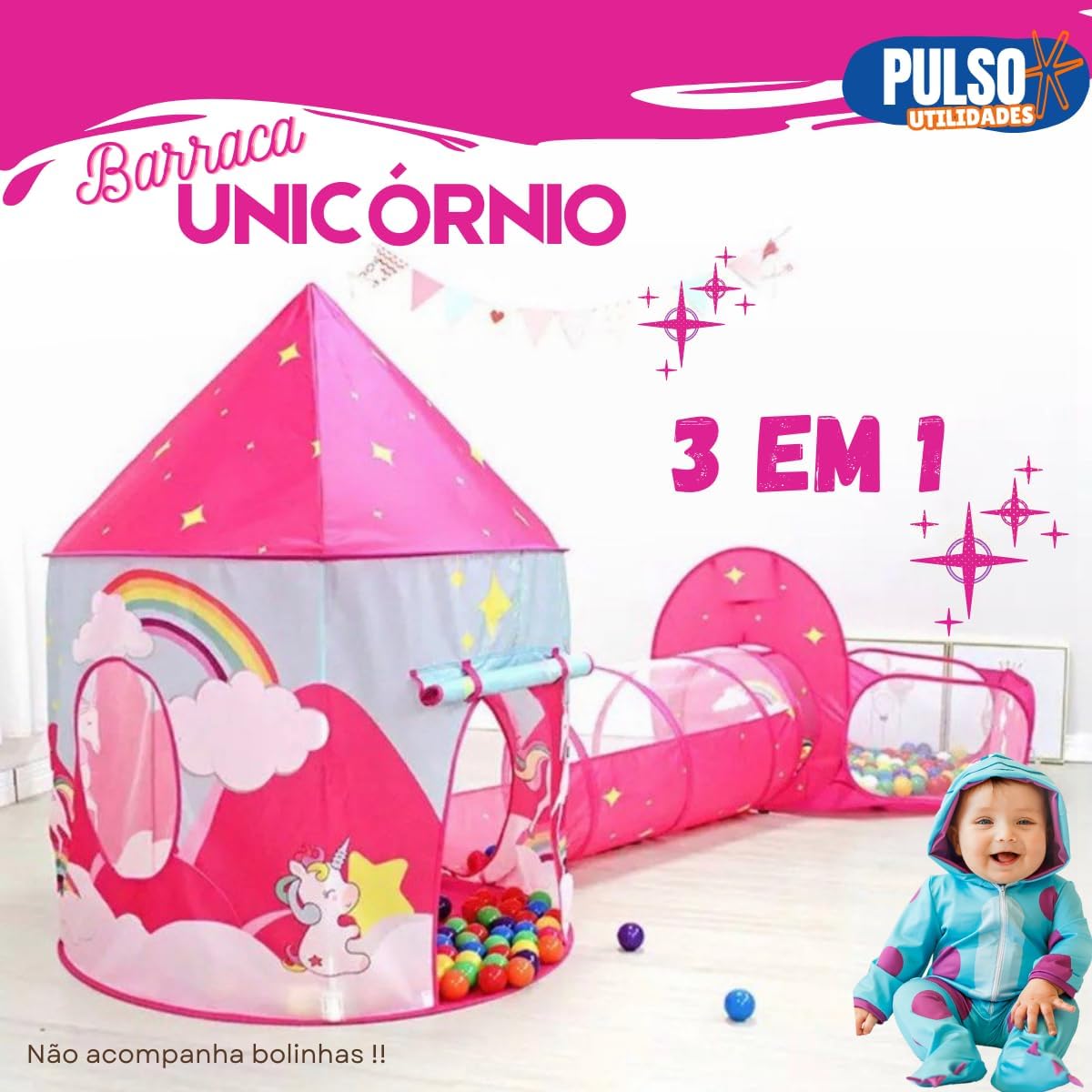 Barraca Infantil 3 em 1 Unicórnio, Toca e Túnel, Rosa, Brinquedo Menino e Menina