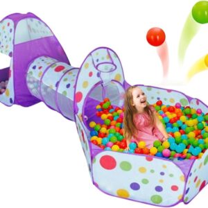Barraca Infantil Menino Astronauta, Cabana Infantil Menino, Casinha Infantil Menina, Cabana Infantil Menina para Uso Interno e Ar Livre, 3 em 1 com Toca Túnel Cesta Basquete (Bolinha Roxa)
