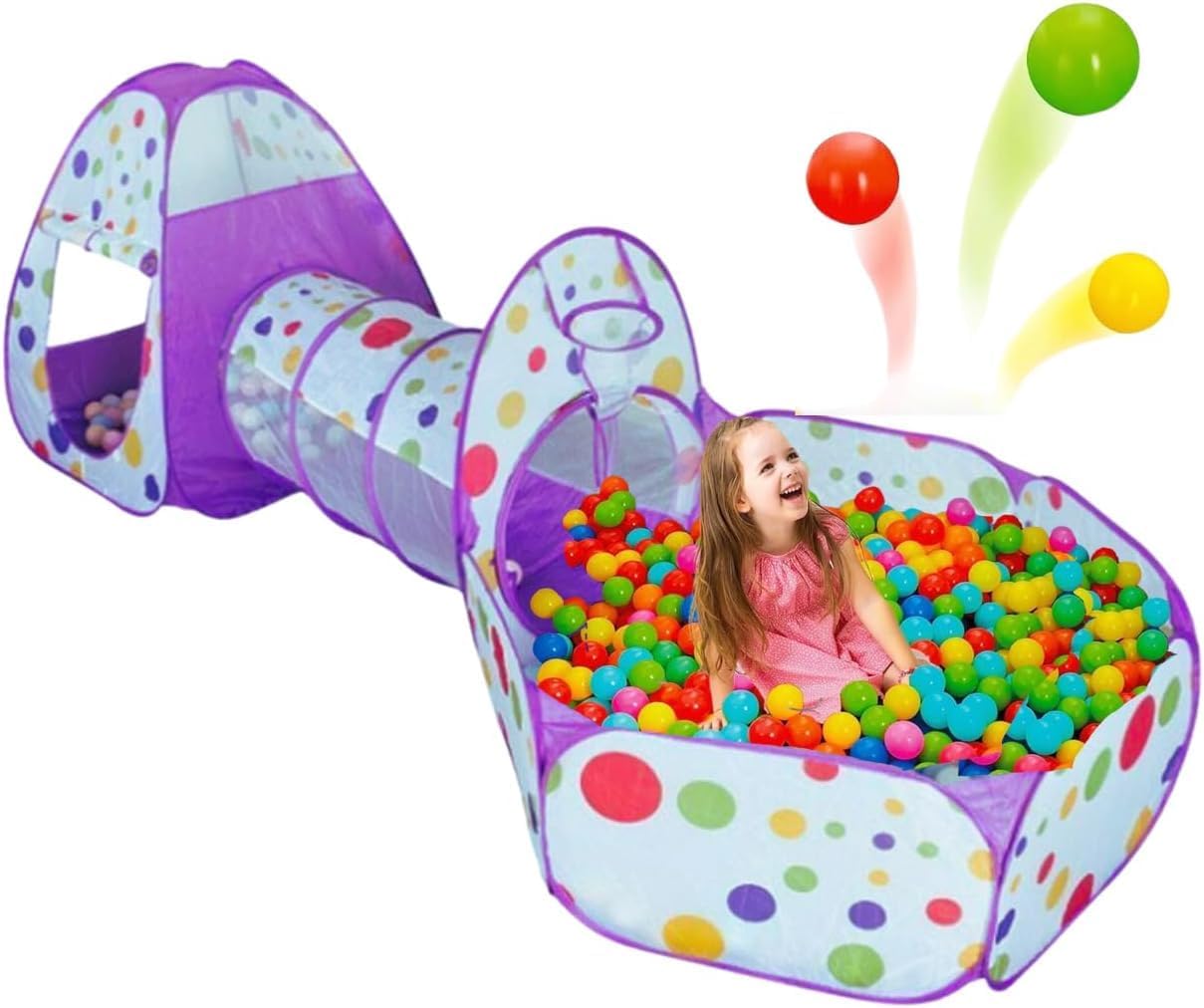 Barraca Infantil Menino Astronauta, Cabana Infantil Menino, Casinha Infantil Menina, Cabana Infantil Menina para Uso Interno e Ar Livre, 3 em 1 com Toca Túnel Cesta Basquete (Bolinha Roxa)