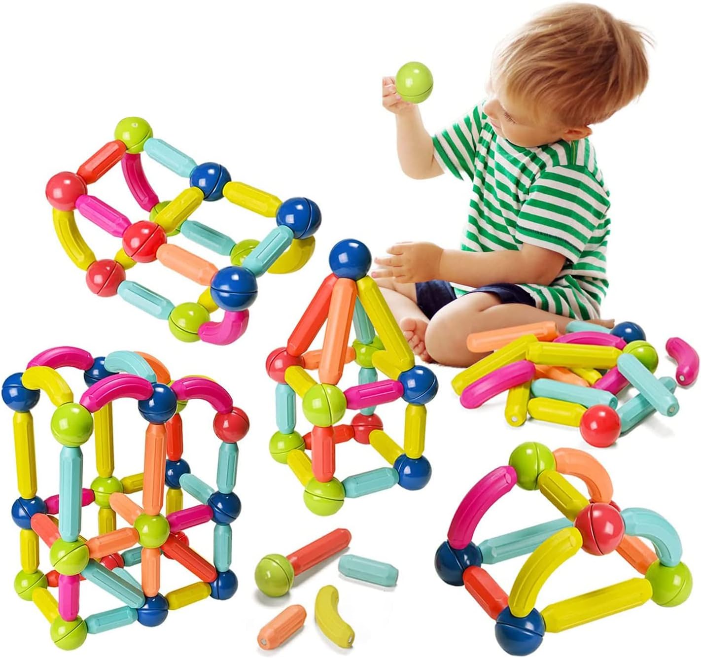 Blocos de Montar Magnéticos Construção Bolas E Bastões Brinquedo Educativo Infantil (68 Peças)