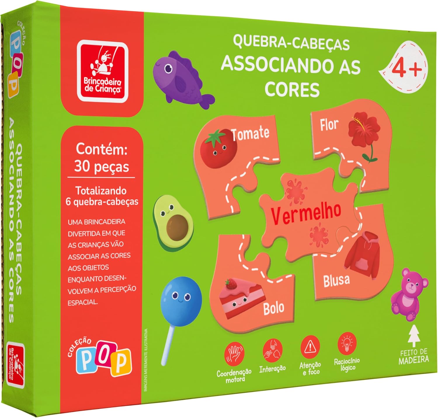 Brincadeira de Criança Quebra-Cabeça Infantil 30 Peças Madeira Associando as Cores