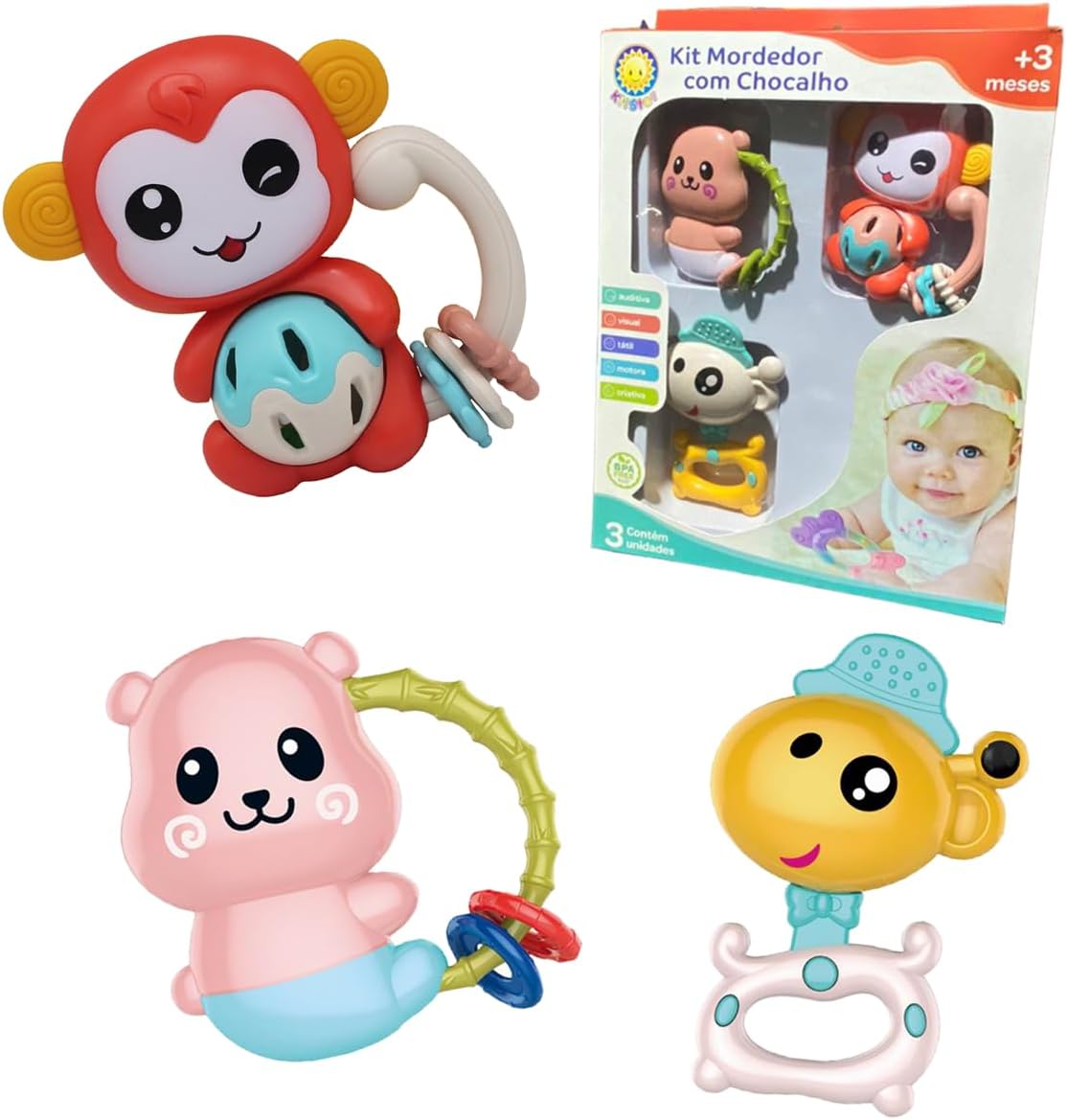 Brinquedo Bebê Kit 3 Chocalhos Infantil Mordedor Colorido Legal