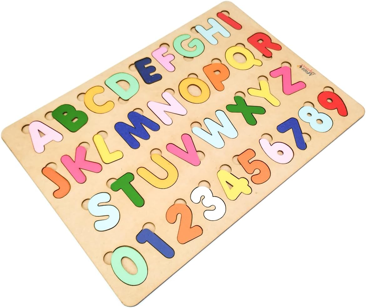 Brinquedo Educativo Pedagógico em Madeira Alfabeto Letras e Números Coloridos Tabuleiro de 41cmx29cm - Mega Impress - Imagem 2