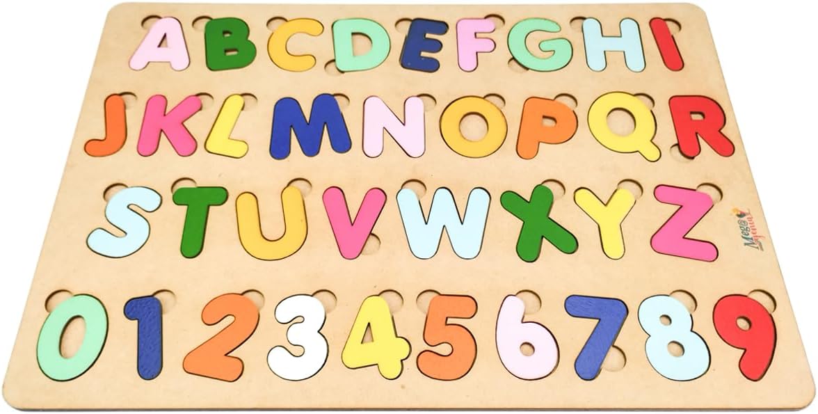 Brinquedo Educativo Pedagógico em Madeira Alfabeto Letras e Números Coloridos Tabuleiro de 41cmx29cm - Mega Impress
