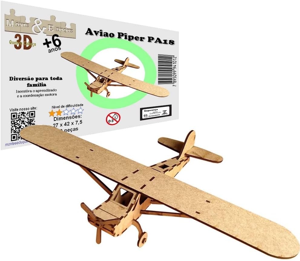 Brinquedo Quebra Cabeça 3D Avião Piper PA18 Mdf