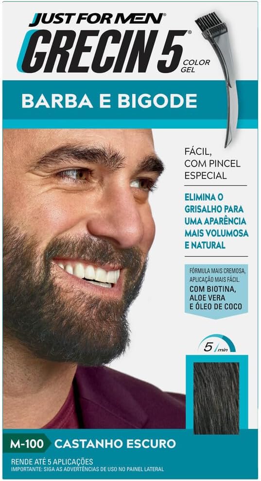 Just For Men Grecin 5 Color Gel, Barba e Bigode, Tonalizante que Elimina o Grisalho, Aparência Natural, Cor M100, Castanho Escuro, 28g