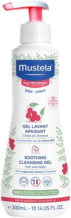 Mustela Gel Lavante Calmante 300ml para Pele Muito Sensível ou Sensibilizada – Sabonete Líquido Corpo e Cabelo para Bebês e Crianças - Sem fragrância - feito com 98% de ingredientes de origem natural