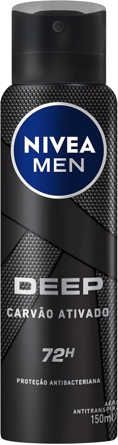 NIVEA MEN Desodorante Antitranspirante Aerossol Masculino Deep Original 150ml - Proteção prolongada de 48h, fórmula com carvão ativado, combate impurezas, antibacteriano, perfume prolongado
