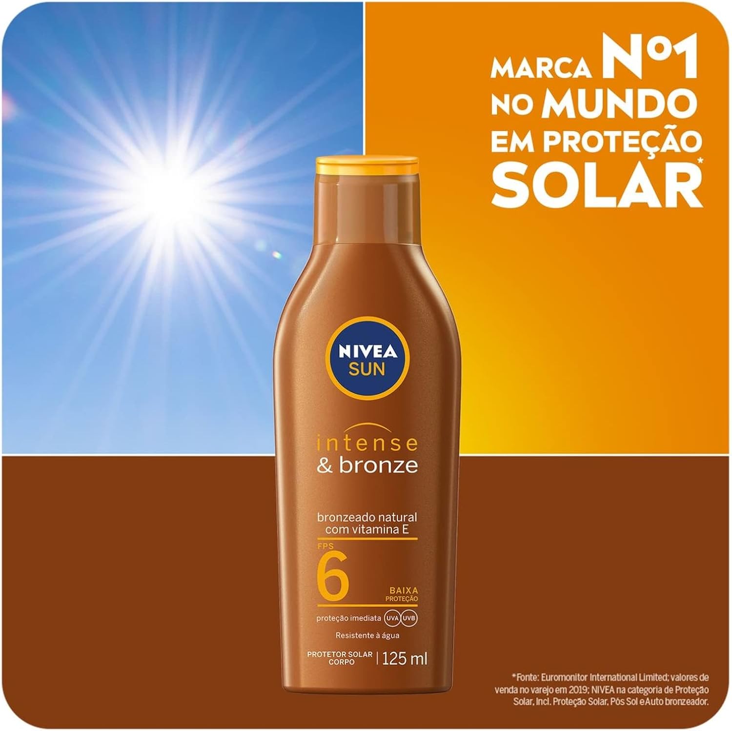 NIVEA SUN Loção Bronzeadora Intense & Bronze FPS 6 125ml - Bronzeamento natural e duradouro, resistente à água, com Vitamina E, Proteção UVA/UVB, para peles pouco sensíveis - Imagem 2