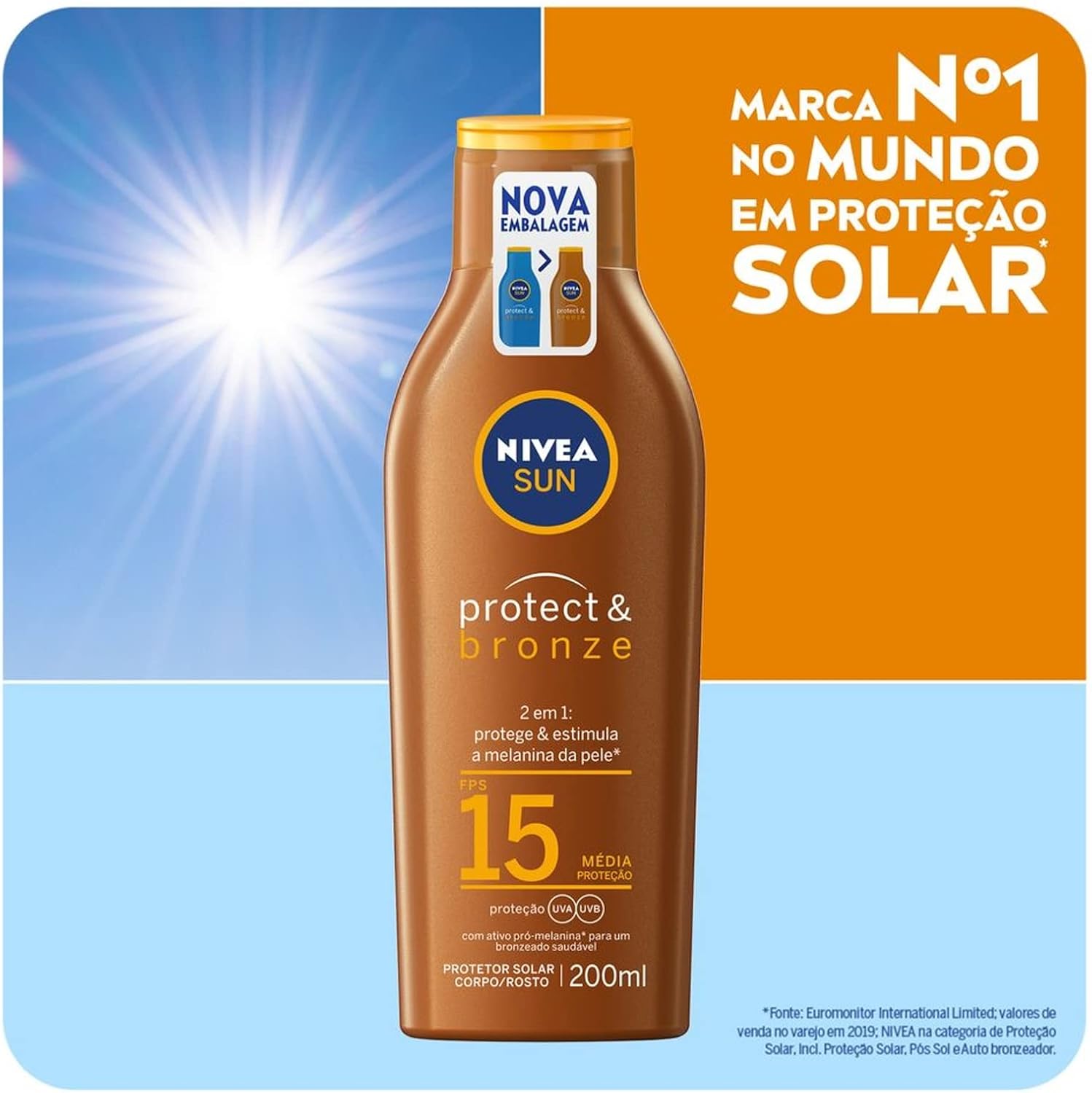 NIVEA SUN Protetor Solar Protect & Bronze FPS15 200ml - Com ativo de pró melanina, resistente à água, protege dos raios UVA/UVB, ajuda a manter a cor bonita e uniforme por mais tempo - Imagem 2