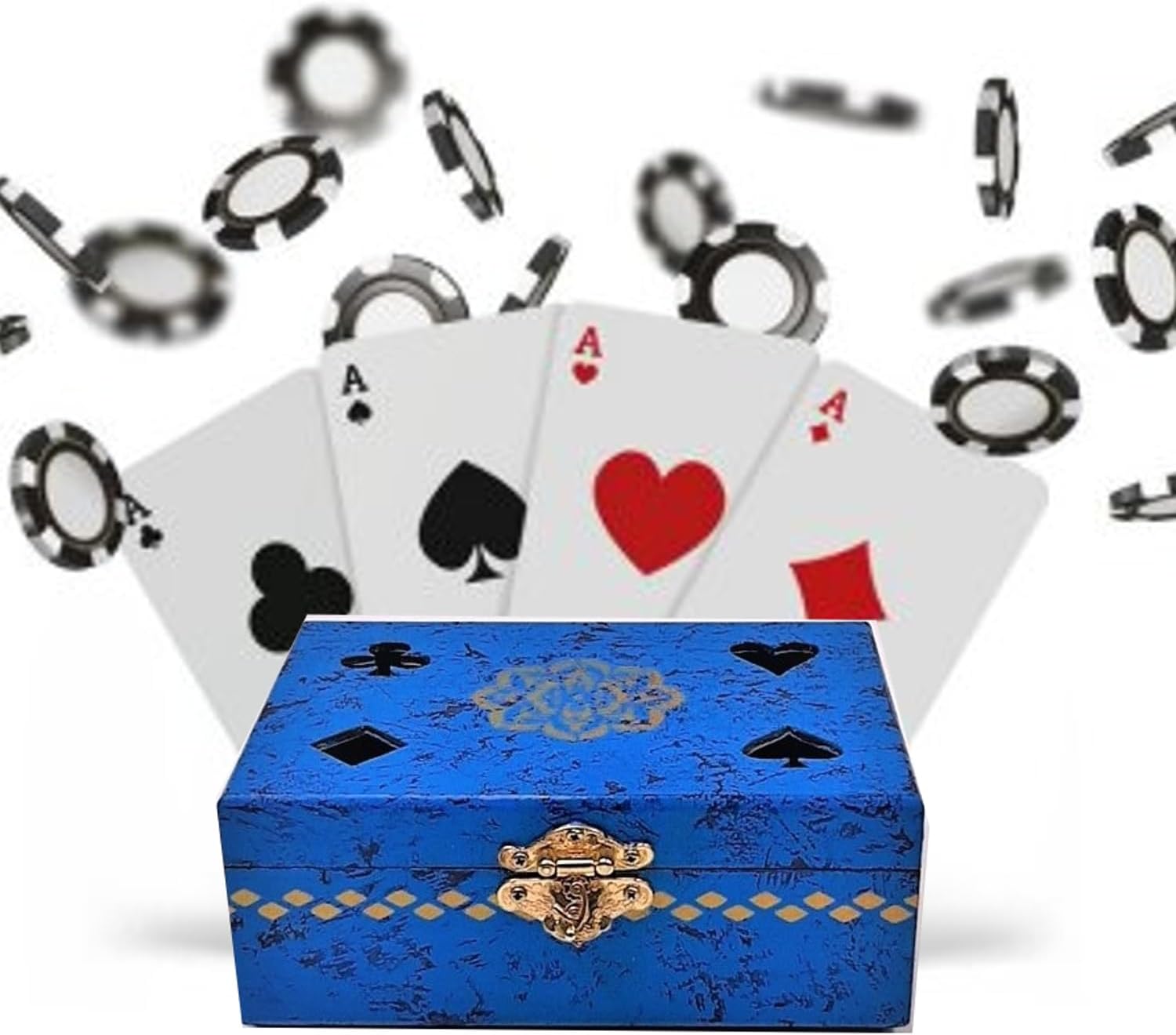 Caixa de Cartas Decorativa em Madeira, Vermelha, Design com Naipes e Mandala, Fecho Dourado (Azul) - Imagem 4