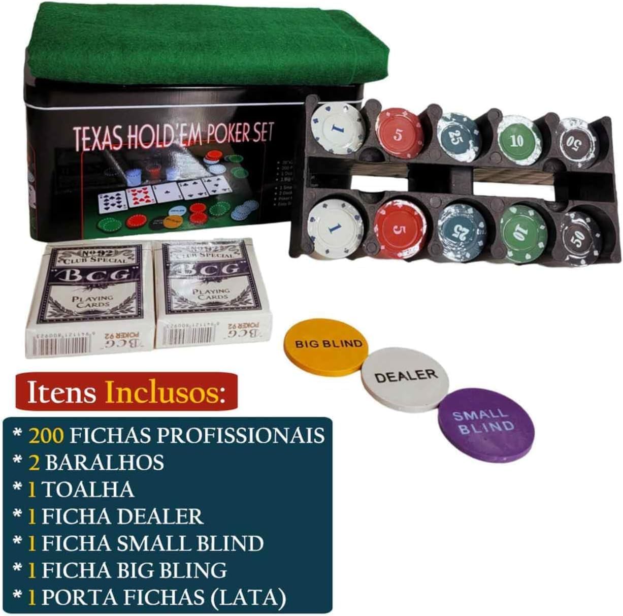 Kit Completo Profissional de Poker Com 200 Fichas + 2 Baralhos + Toalha ...