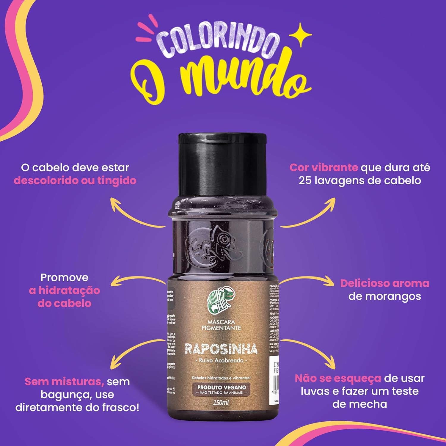 Kamaleão Color – Máscara Pigmentante Semi-Permanente - Cores Vibrantes e Hidratação Intensa – Low Poo, Vegano, Cruelty Free – Sachê 60g - Raposinha - Imagem 4