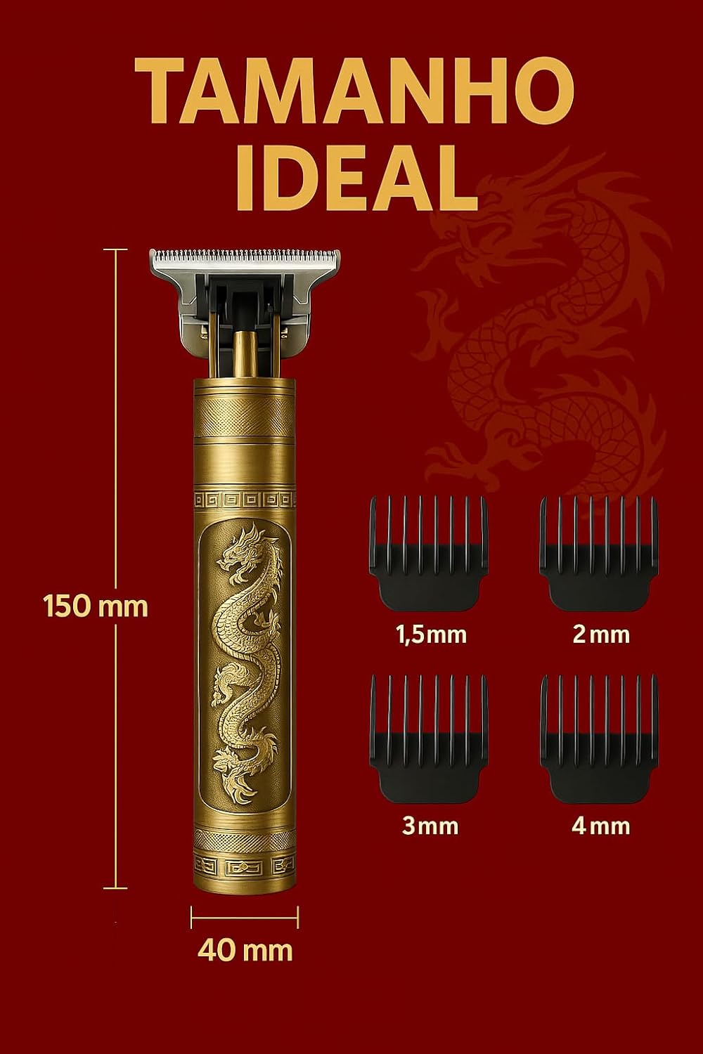 Máquina de Cortar Cabelo Profissional DRAGÃO PRO - Kit Completo Sem Fio para Barba, Pezinho e Degradê (4 Pentes + Óleo + Escova Premium) - Imagem 3
