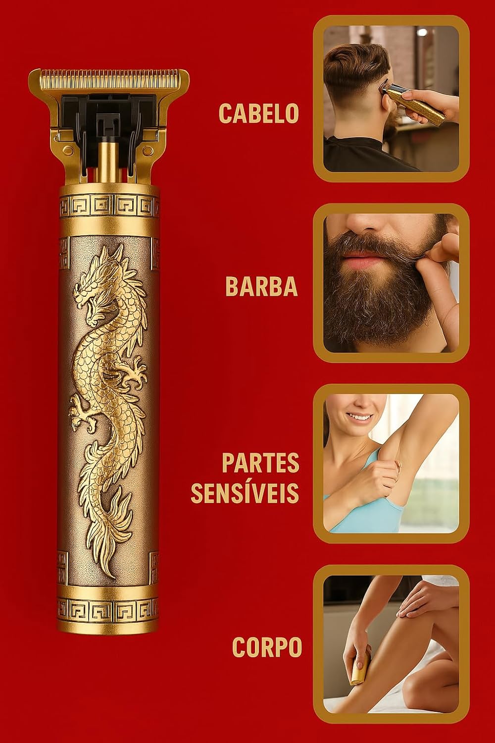 Máquina de Cortar Cabelo Profissional DRAGÃO PRO - Kit Completo Sem Fio para Barba, Pezinho e Degradê (4 Pentes + Óleo + Escova Premium) - Imagem 4