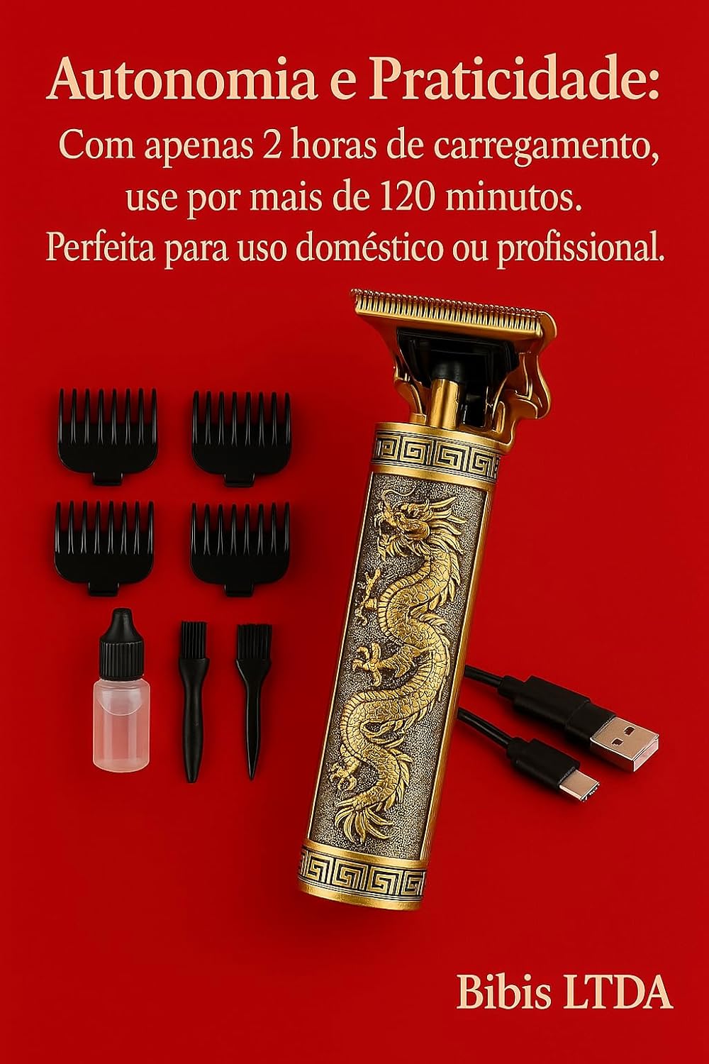 Máquina de Cortar Cabelo Profissional DRAGÃO PRO - Kit Completo Sem Fio para Barba, Pezinho e Degradê (4 Pentes + Óleo + Escova Premium) - Imagem 5