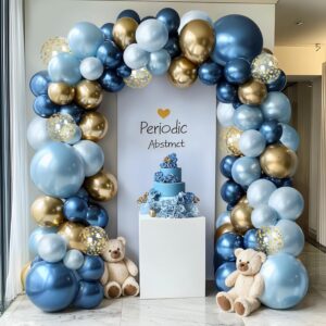 Blue and Gold Balloons Arch Kit, Double Stuffed Pastel Blue Balloon Arch Kit Dusty Light Baby Blue Metallic Gold Confetti Balloons for Baby Boy Shower Birthday Wedding Decorations (Blue gold)