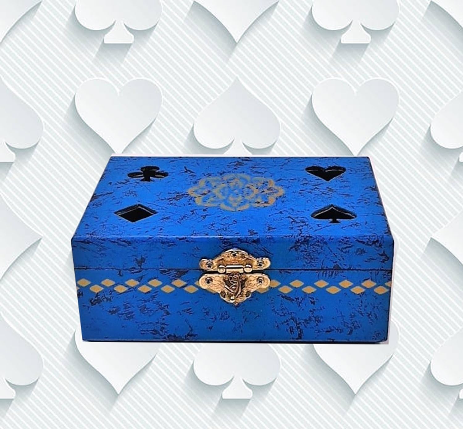 Caixa de Cartas Decorativa em Madeira, Vermelha, Design com Naipes e Mandala, Fecho Dourado (Azul) - Imagem 2