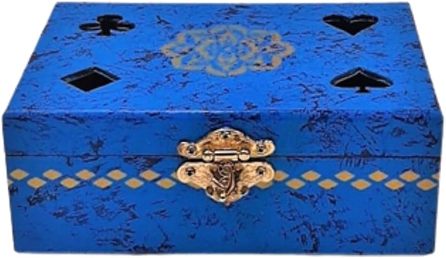Caixa de Cartas Decorativa em Madeira, Vermelha, Design com Naipes e Mandala, Fecho Dourado (Azul)