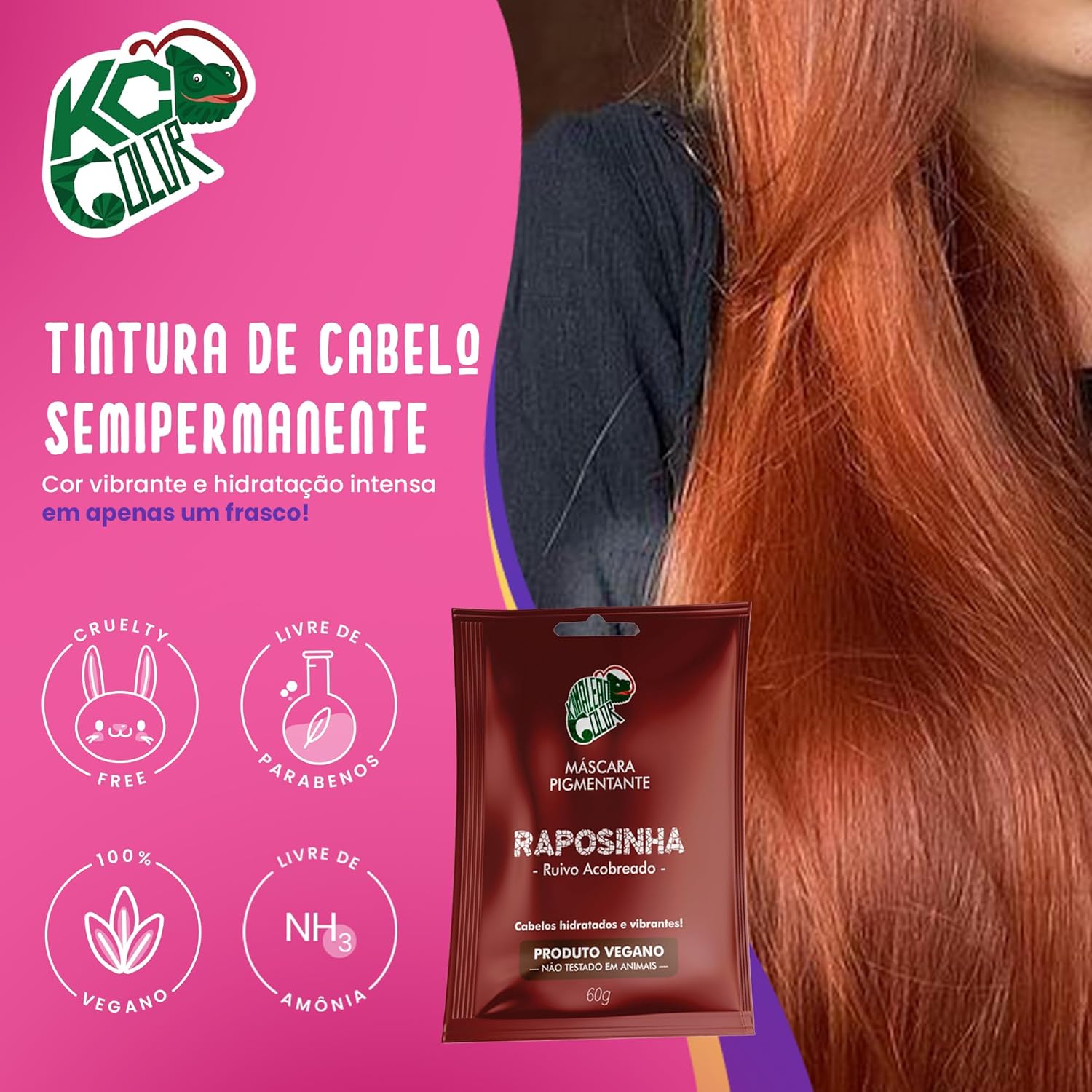 Kamaleão Color – Máscara Pigmentante Semi-Permanente - Cores Vibrantes e Hidratação Intensa – Low Poo, Vegano, Cruelty Free – Sachê 60g - Raposinha - Imagem 2