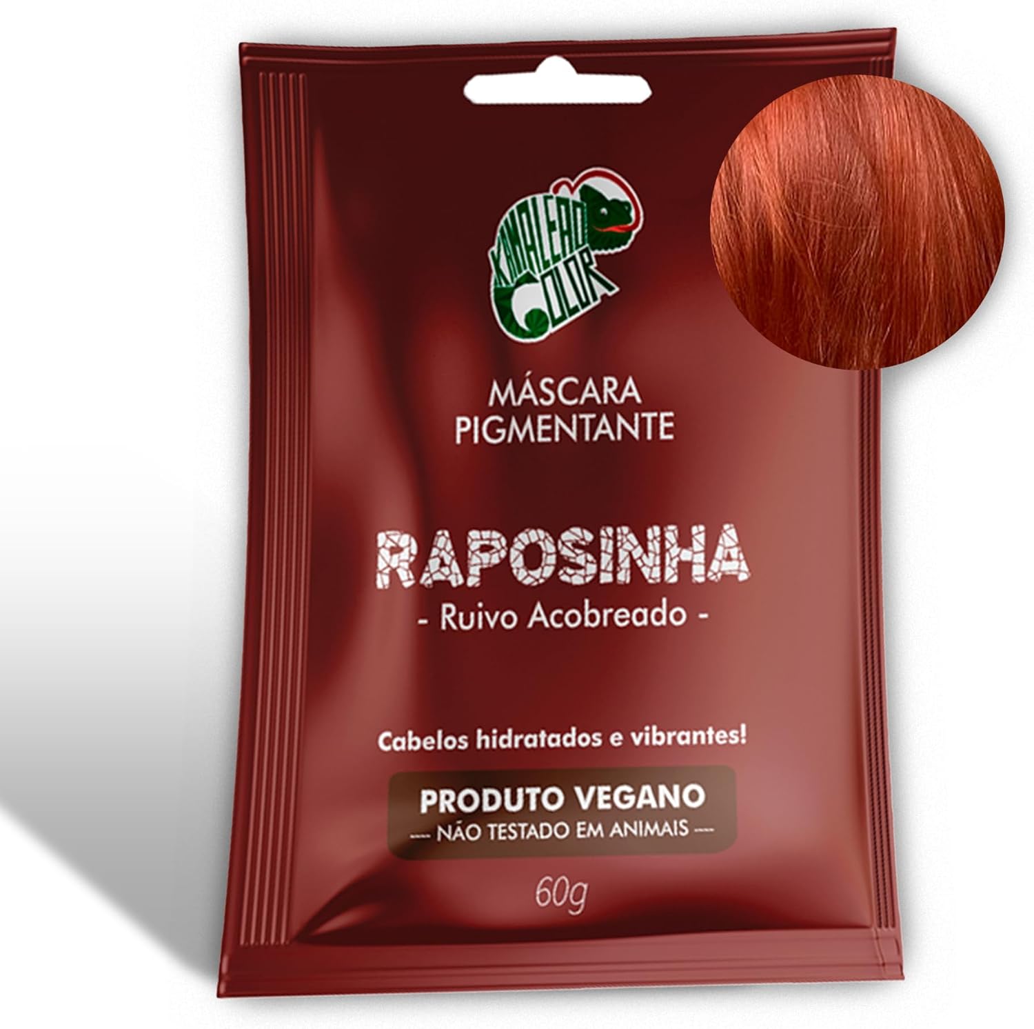 Kamaleão Color – Máscara Pigmentante Semi-Permanente - Cores Vibrantes e Hidratação Intensa – Low Poo, Vegano, Cruelty Free – Sachê 60g - Raposinha