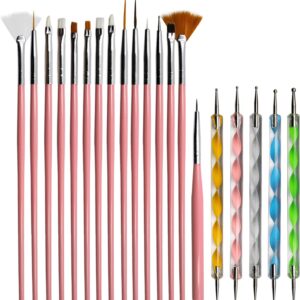 Kit 15 Pincéis de Decoração Pontilhismo para Unhas Gel Alongamento Acrílico + 5 Boleadores, Manicure Pedicure, Ponta Dupla